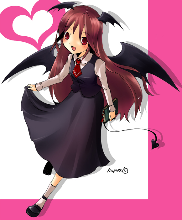 book, devil_wings, kapuchii, koakuma, mary_janes, red_eyes, red_hair, skirt_hold