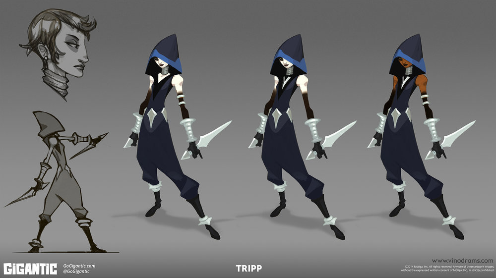 1girl, blue_hood, character_name, colored_skin, concept_art, copyright_notice, dagger, dark-skinned_female, dark_skin, dual_wielding, gigantic_(game), holding, holding_dagger, holding_knife, holding_weapon, jacket, knife, logo, official_art, pale_skin, tripp, twitter_username, vinod_rams, weapon, web_address, white_skin