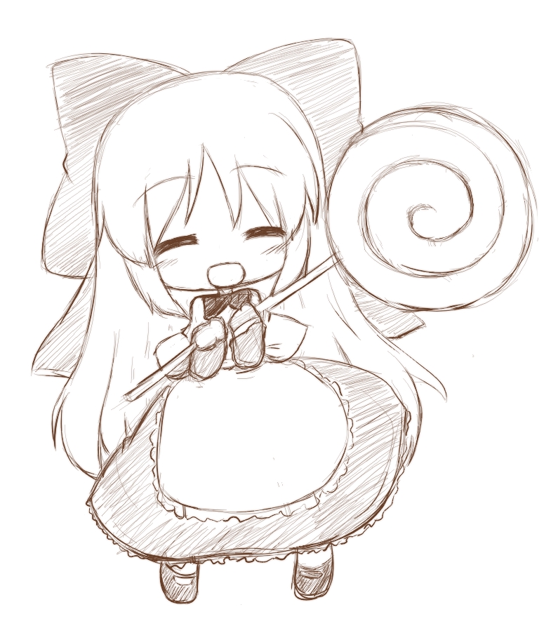 :d, closed_eyes, fuugetsu_oreha_ikiru, hair_ribbon, lollipop, mary_janes, monochrome, open_mouth