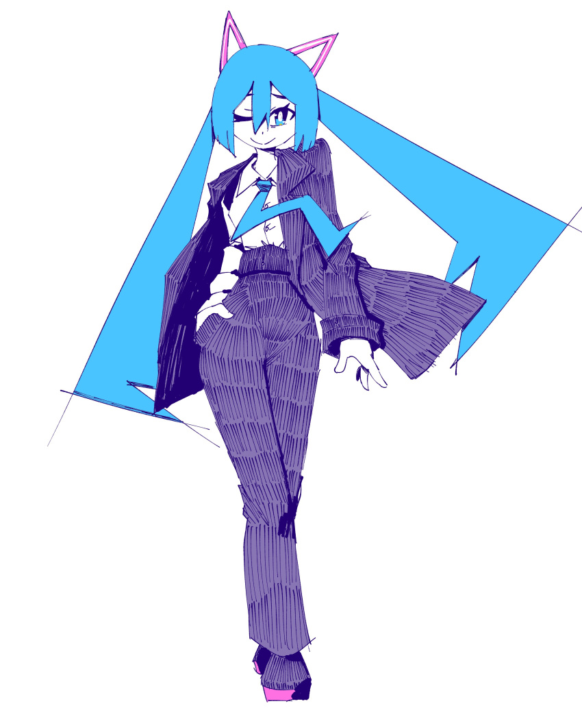1girl, absurdres, alternate_costume, alternate_hairstyle, aqua_eyes, aqua_hair, aqua_necktie, black_footwear, black_jacket, black_pants, bright_pupils, buttons, collared_shirt, dot_nose, english_commentary, full_body, hair_between_eyes, hand_on_own_hip, hatching_(texture), hatsune_miku, highres, jacket, linear_hatching, long_hair, looking_at_viewer, necktie, one_eye_closed, open_clothes, open_jacket, pants, ruw_ruler, shirt, simple_background, smile, solo, twintails, very_long_hair, vocaloid, white_background, white_pupils, white_shirt
