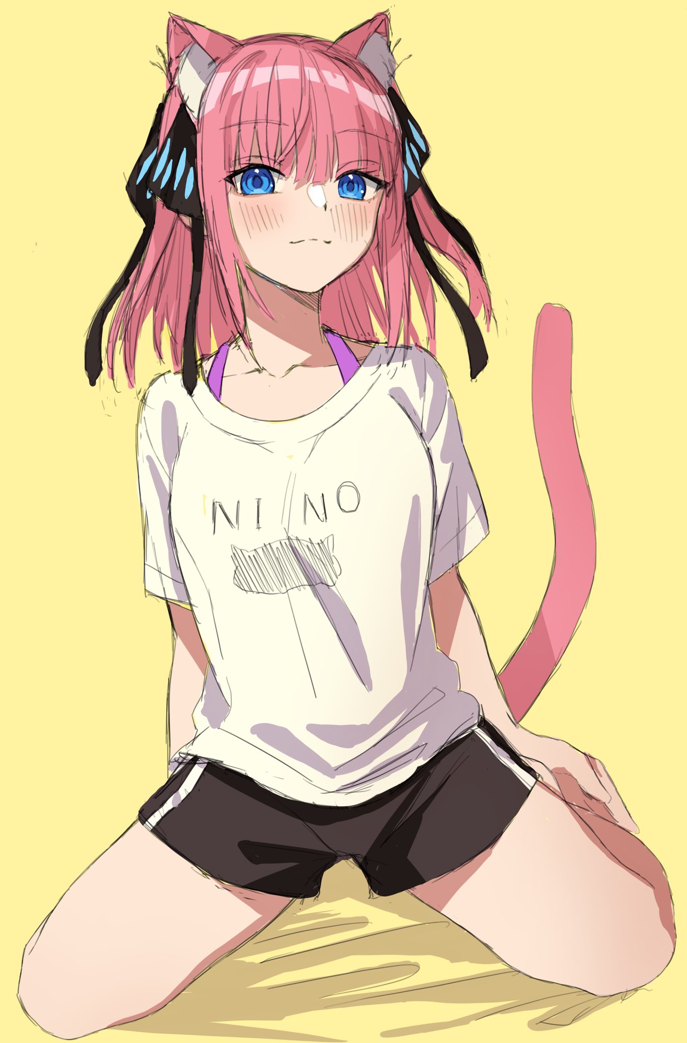 1girl, :3, animal_ear_fluff, animal_ears, arms_at_sides, black_ribbon, black_shorts, blue_eyes