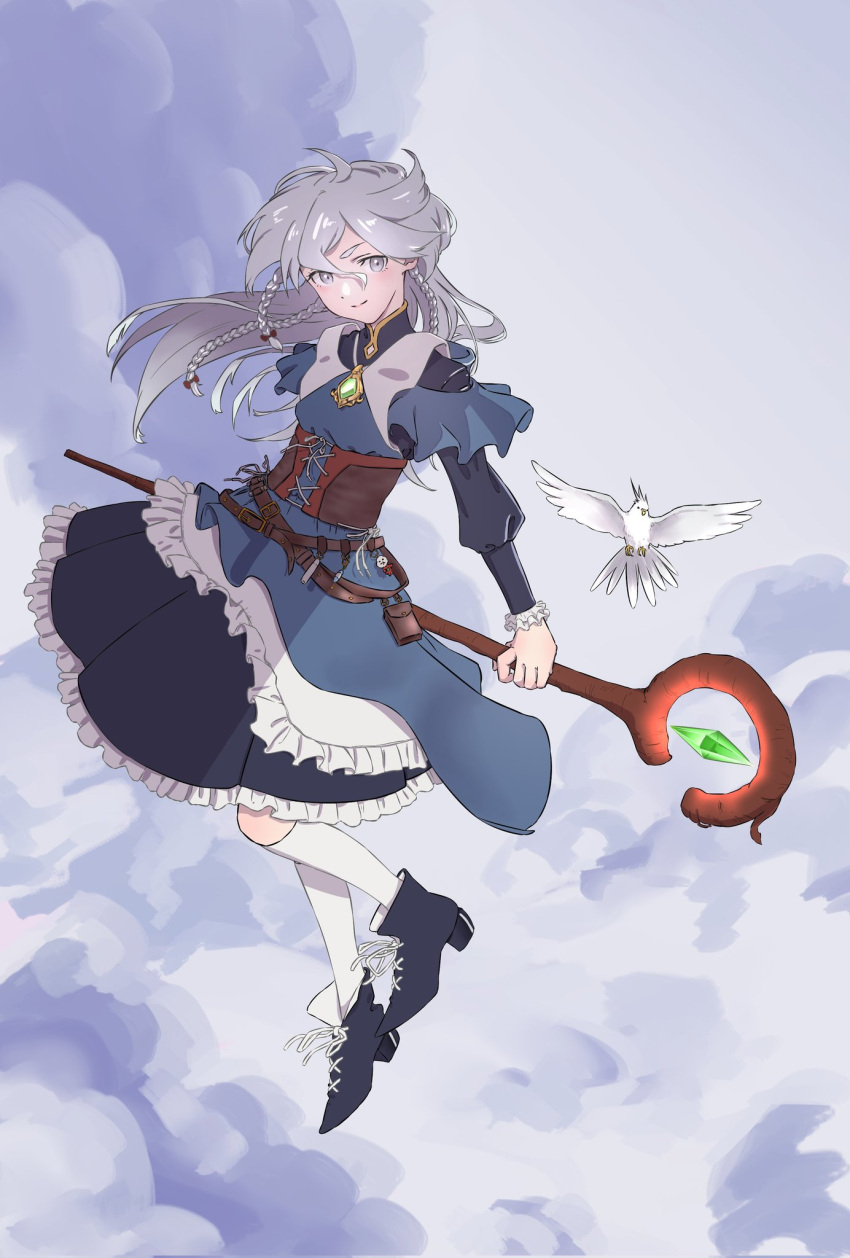 1girl, above_clouds, apron, black_skirt, blue_footwear, blue_jacket, clouds, flying