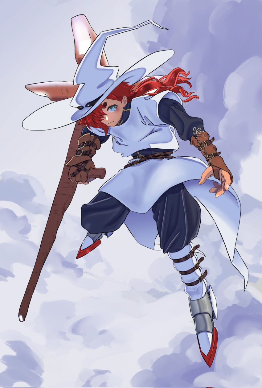 1girl, above_clouds, belt, black_pants, black_shirt, blue_eyes, brown_gloves, clouds