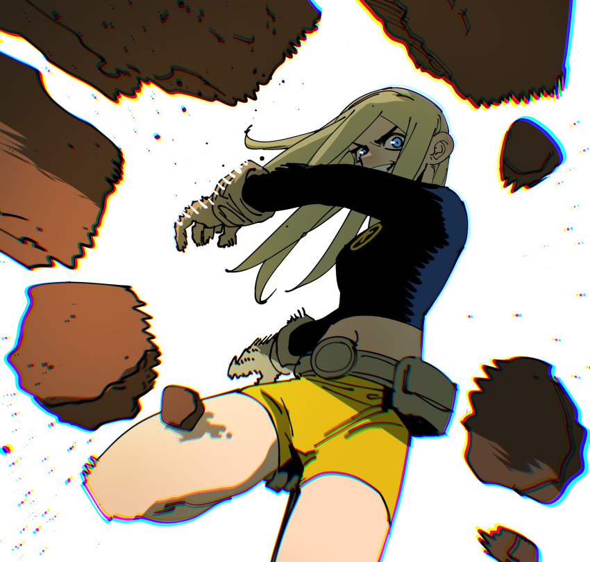 1girl, belt, black_shirt, blonde_hair, blue_eyes, breasts, chromatic_aberration, dc_comics