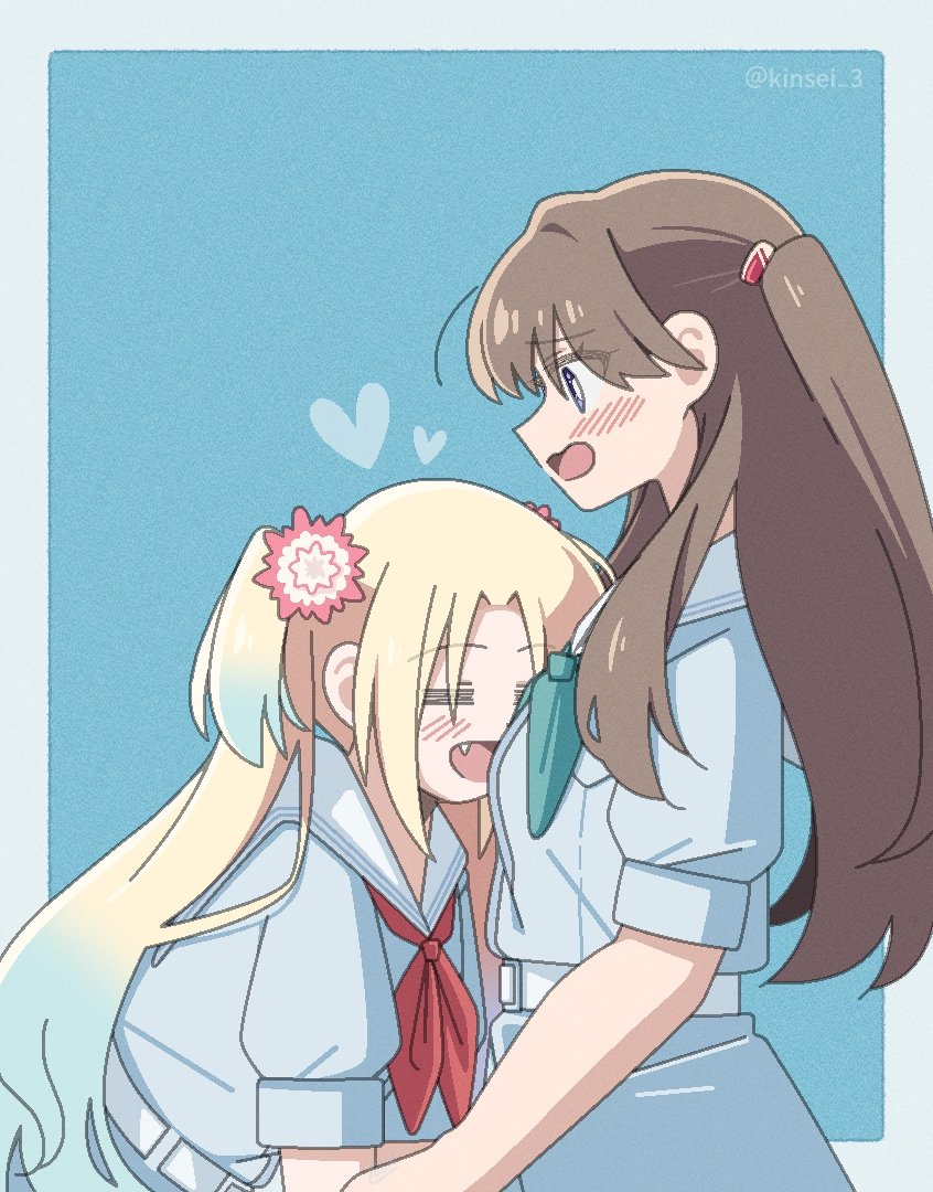 2girls, =_=, aqua_neckerchief, blonde_hair, blue_background, blue_hair, blush, border, brown_hair, dress, fang, flower, from_side, fujishima_megumi, gradient_hair, hair_flower, hair_ornament, hasu_no_sora_school_uniform, head_on_chest, heart, kinsei_3, light_blue_hair, link!_like!_love_live!, long_hair, looking_at_another, love_live!, mira-cra_park!, multicolored_hair, multiple_girls, neckerchief, open_mouth, osawa_rurino, outside_border, parted_bangs, pink_flower, profile, red_neckerchief, sailor_collar, sailor_dress, school_uniform, short_sleeves, smile, summer_uniform, twintails, twitter_username, two_side_up, violet_eyes, virtual_youtuber, white_border, white_dress, white_flower, white_sailor_collar, yuri