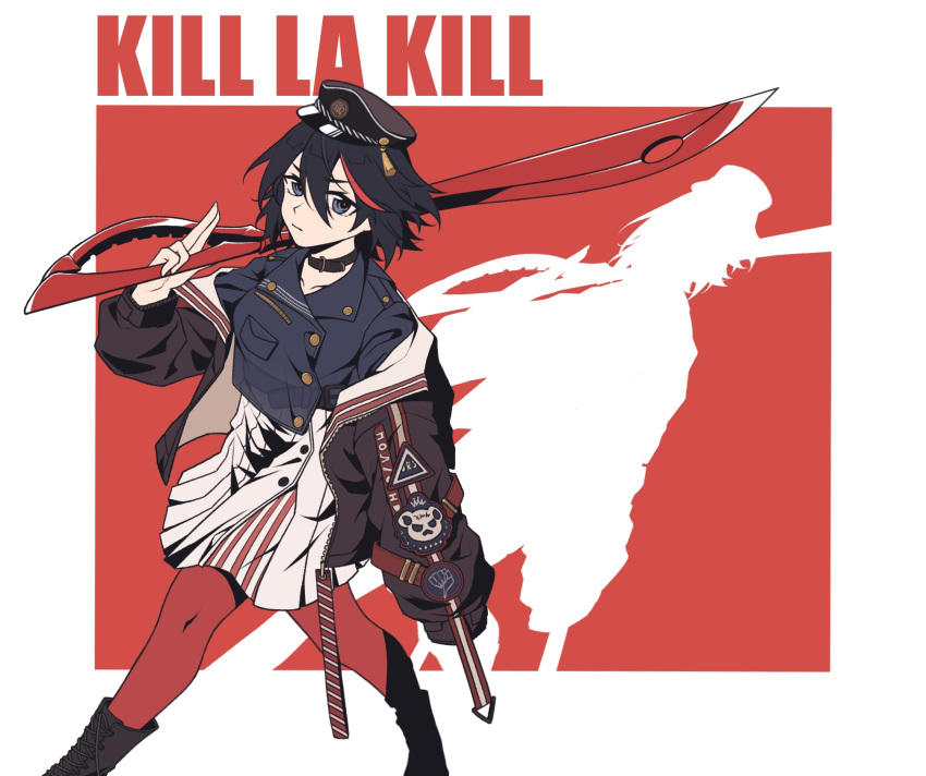 1girl, arknights, black_hair, blue_eyes, choker, commentary, commentary_request, cosplay, english_text, hat, highres, jacket, kill_la_kill, long_sleeves, looking_at_viewer, matoi_ryuuko, multicolored_hair, open_clothes, pantyhose, patch, red_background, redhead, scissor_blade, scissor_blade_(kill_la_kill), shadow, short_hair, solo, streaked_hair, two-tone_hair, weapon, yi_zhi_qiu_qiu_qiu, zima_(arknights), zima_(arknights)_(cosplay)