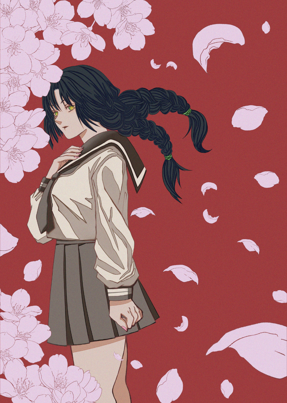 1girl, braid, cherry_blossoms, commentary, highres, kayowacool007, long_sleeves, looking_at_viewer