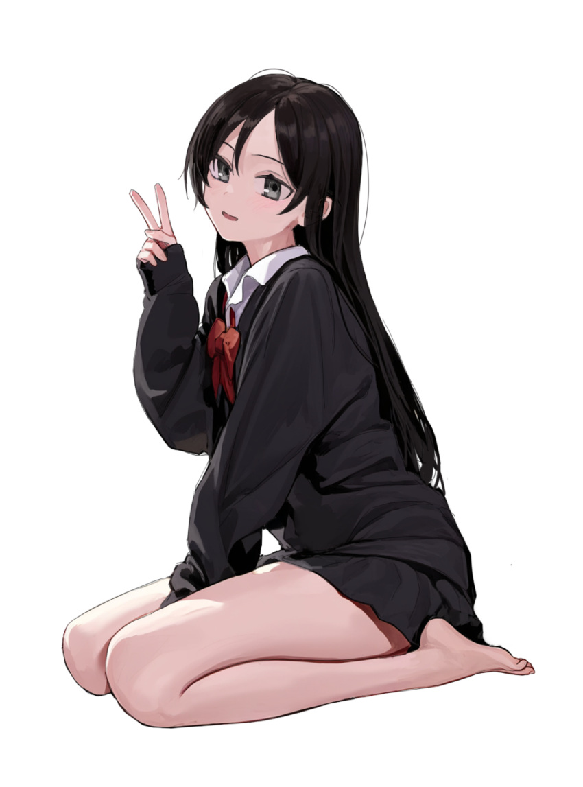 1girl, bare_legs, barefoot, batiao_zhai, between_legs, black_eyes, black_hair, black_jacket, black_skirt, bow, bowtie, full_body, hair_between_eyes, hand_between_legs, hand_on_floor, highres, jacket, long_hair, looking_at_viewer, mushoku_tensei, nanahoshi_shizuka, open_mouth, red_bow, red_bowtie, school_uniform, shirt, simple_background, sitting, skirt, solo, v, wariza, white_background, white_shirt