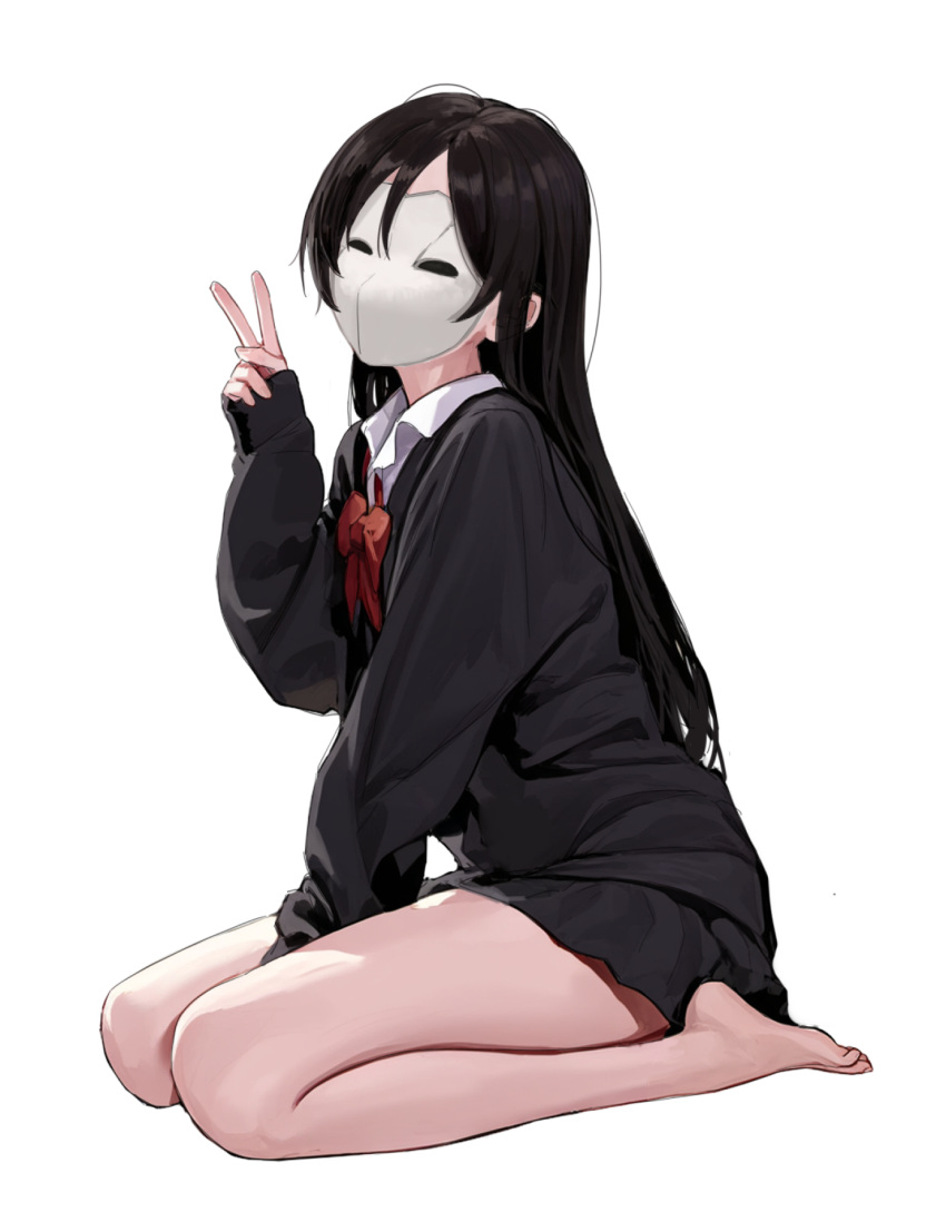 1girl, bare_legs, barefoot, batiao_zhai, between_legs, black_hair, black_jacket, black_skirt, bow, bowtie, full_body, hand_between_legs, hand_on_floor, highres, jacket, long_hair, looking_at_viewer, mask, mushoku_tensei, nanahoshi_shizuka, red_bow, red_bowtie, school_uniform, shirt, simple_background, sitting, skirt, solo, v, wariza, white_background, white_shirt