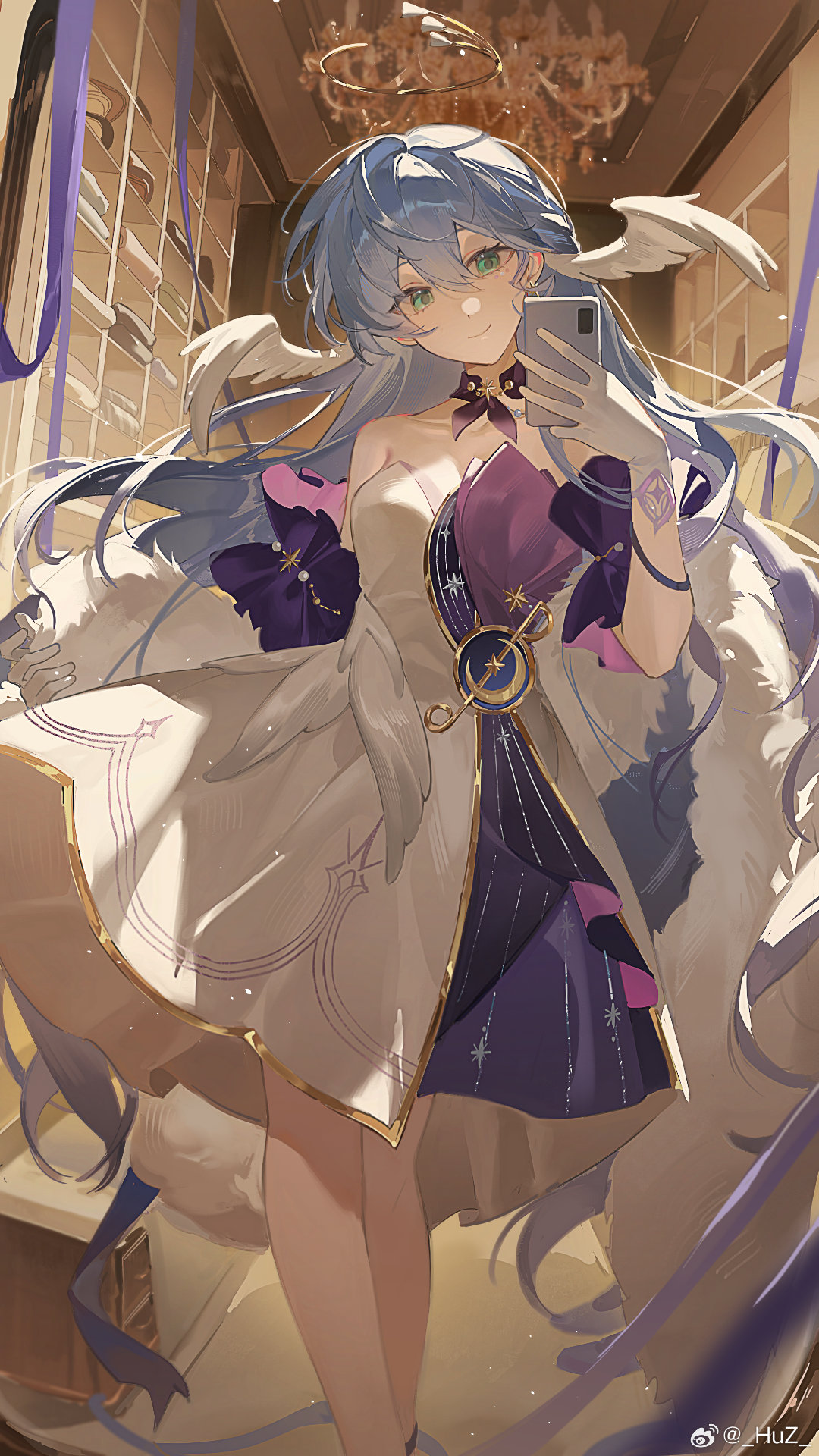 1girl, aqua_eyes, arms_behind_back, bare_shoulders, cellphone, closed_mouth, detached_sleeves, dorkyhuzzz