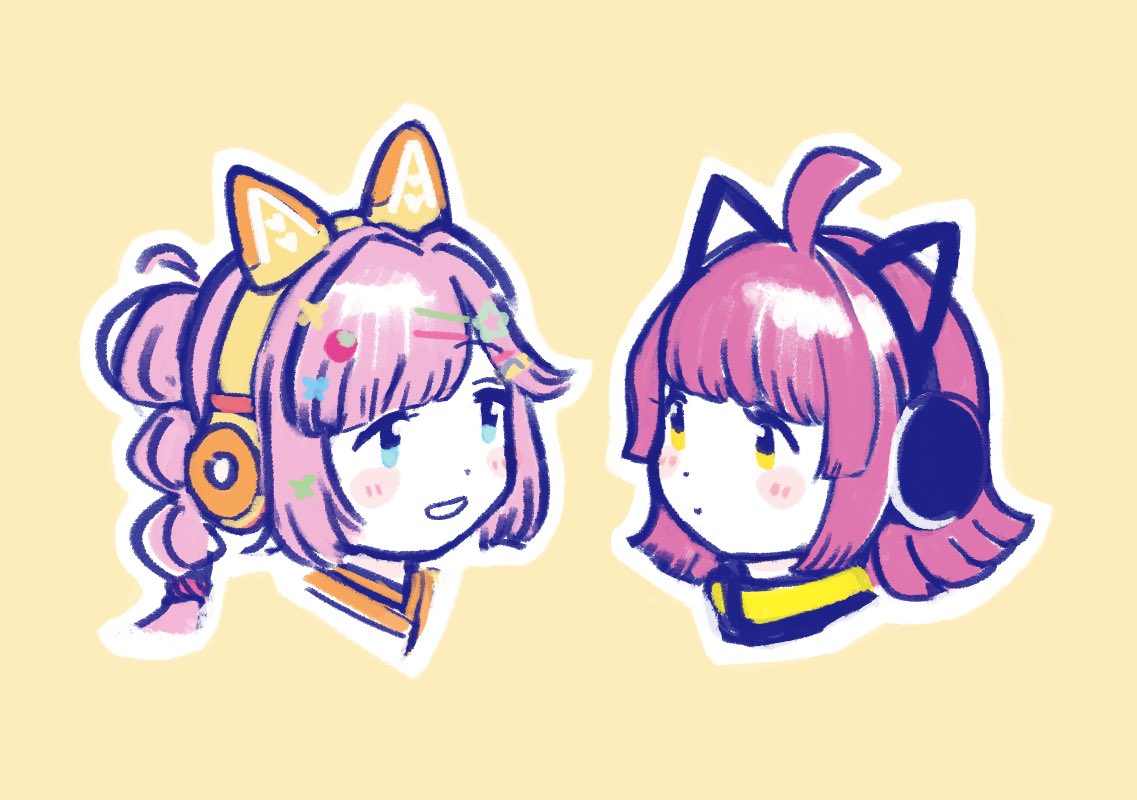 2girls, ahoge, animal_ear_headphones, animal_ears, anyoji_hime, black_headphones, blue_eyes, blunt_bangs