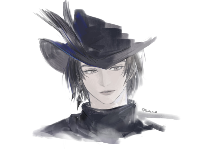 1girl, androgynous, black_hair, black_hat, commentary_request, cropped_torso, earrings, expressionless