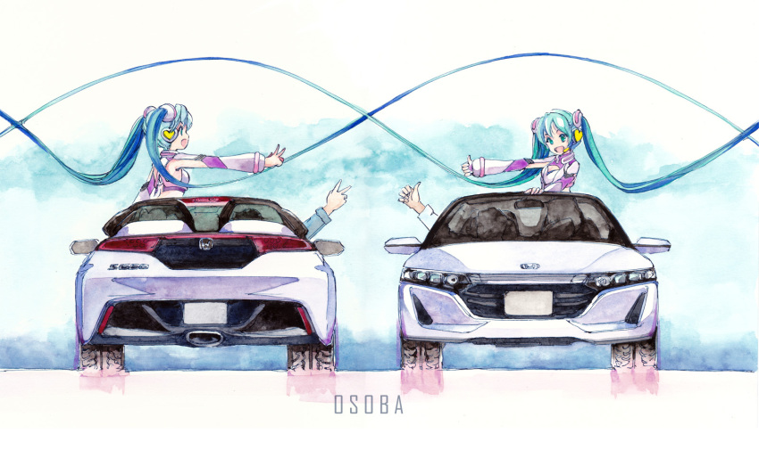 2boys, 2girls, blue_eyes, blue_shirt, breasts, car, clothing_cutout, convertible