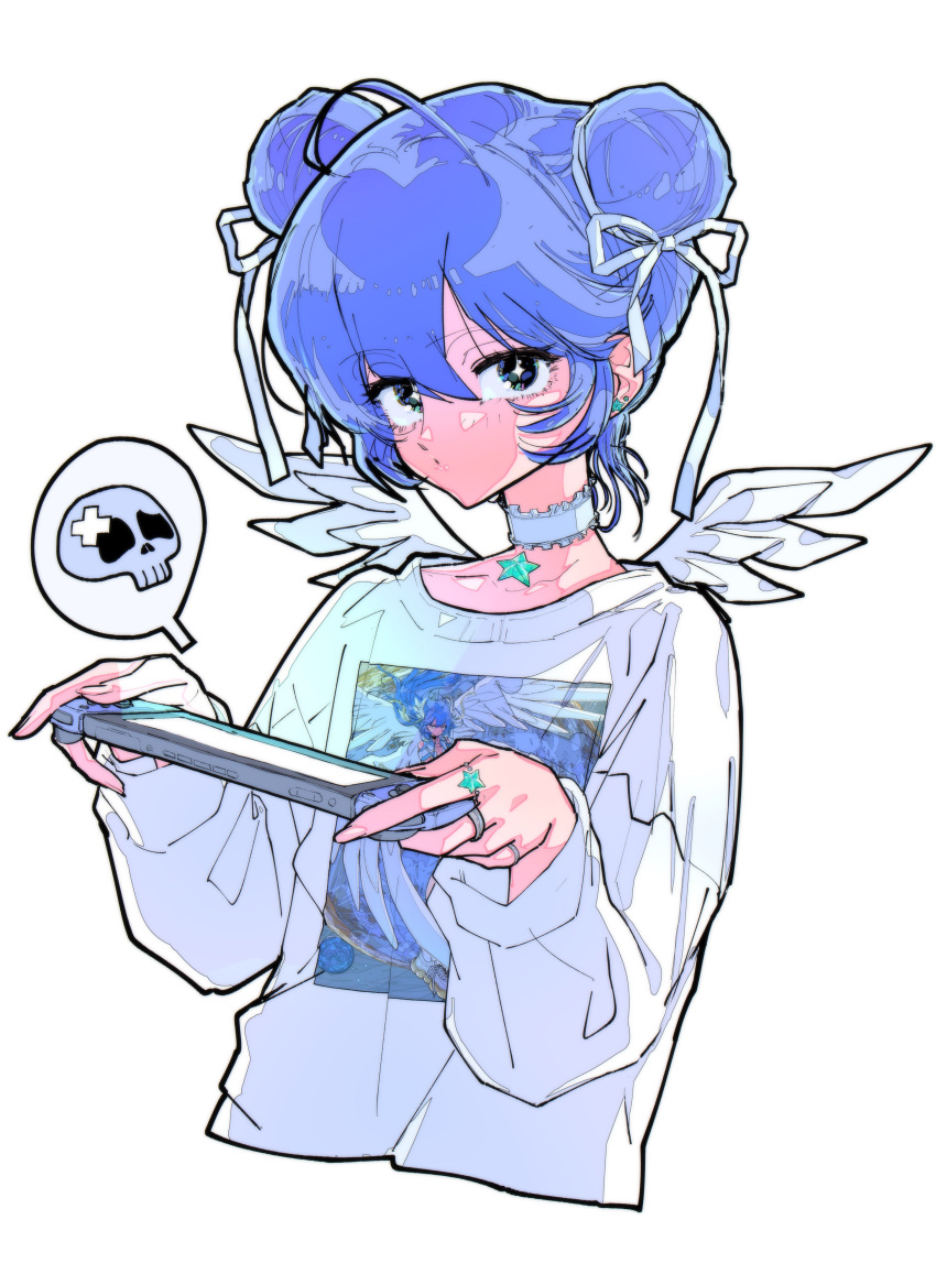1girl, absurdres, ahoge, black_eyes, blue_hair, choker, double_bun, earrings, feathered_wings, fingernails, frilled_choker, frills, hair_between_eyes, hair_bun, hair_ribbon, handheld_game_console, highres, holding, holding_handheld_game_console, jewelry, light_blue_hair, long_sleeves, mini_wings, multiple_earrings, multiple_rings, nintendo_switch, original, ribbon, ring, shirt, short_hair, simple_background, solo, spoken_skull, star_(symbol), star_earrings, white_background, white_choker, white_ribbon, white_shirt, white_wings, wings, yosh1to