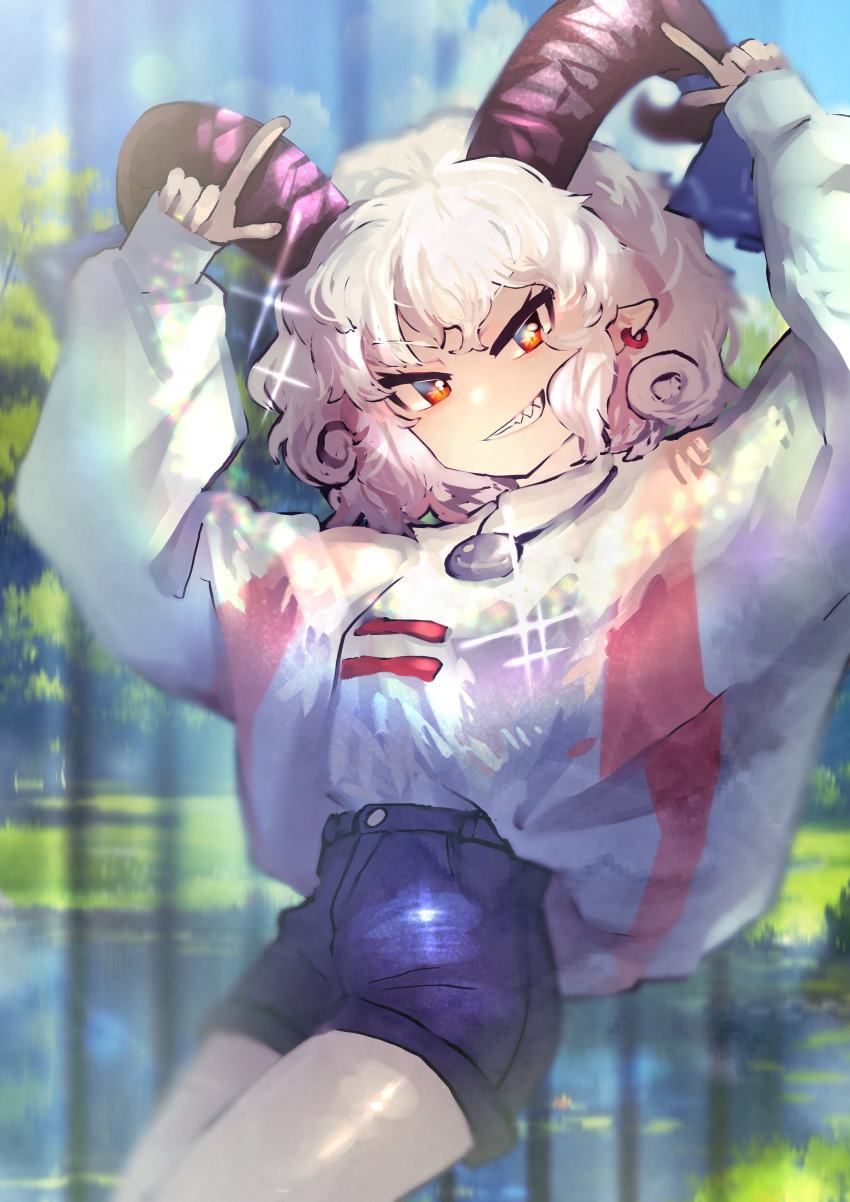 1girl, absurdres, alternate_costume, arms_up, blue_shorts, blue_sky, breasts, brown_horns, commentary, contemporary, cowboy_shot, curled_horns, curly_hair, day, earrings, getsurai, grass, grin, highres, horns, index_finger_raised, jewelry, lily_pad, long_sleeves, looking_at_viewer, medium_bangs, medium_hair, necklace, orange_eyes, outdoors, pointing, pointing_up, pointy_ears, pond, puffy_long_sleeves, puffy_sleeves, sharp_teeth, shirt, shorts, sky, small_breasts, smile, smiley_face, solo, sparkle, teeth, touhou, toutetsu_yuuma, v-shaped_eyebrows, white_hair, white_shirt