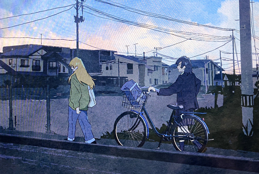2girls, :d, bicycle, black_hair, black_jacket, black_skirt, black_socks, blonde_hair