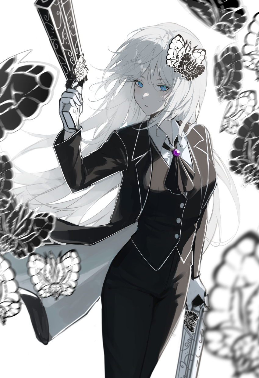 1girl, absurdres, black_coat, black_suit, blue_eyes, bug, butler, butterfly