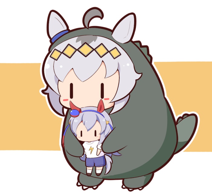 2girls, ahoge, animal_ears, black_footwear, blue_hairband, blue_shorts, blush_stickers, brown_background