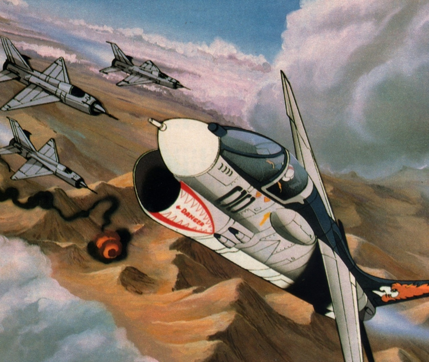 1980s_(style), 1boy, aerial_battle, afterburner, aircraft, airplane, animage, area_88
