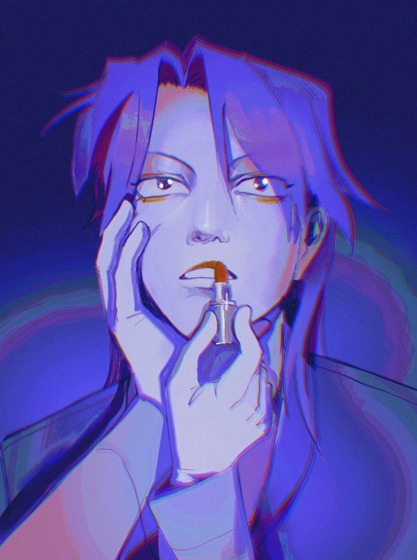 1boy, 1other, applying_makeup, cosmetics, ethanol_(bruhtanol), expressionless, hair_between_eyes, highres