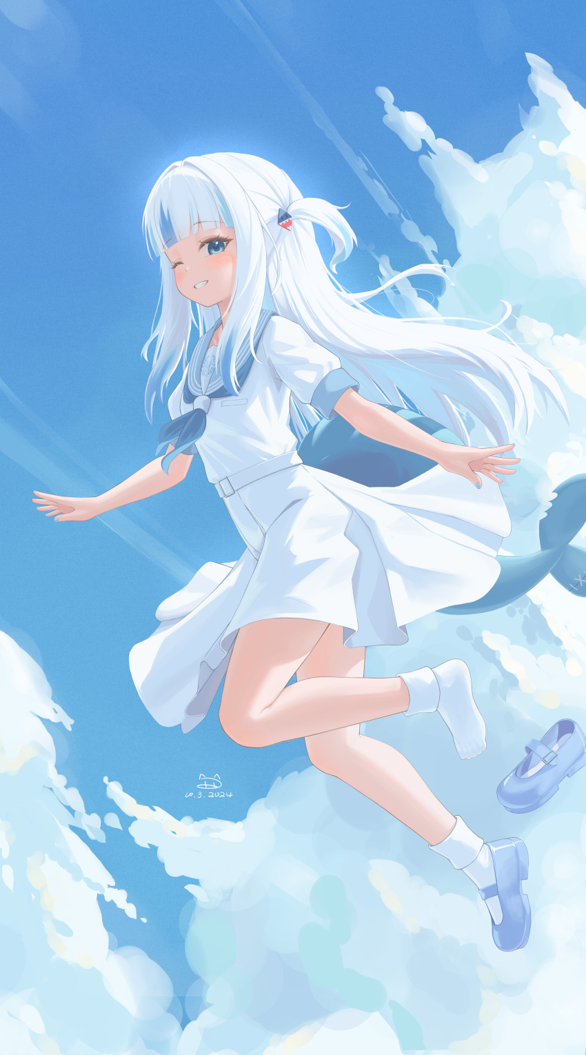 1girl, absurdres, alternate_hair_length, alternate_hairstyle, artist_logo, belt, blue_footwear, blue_hair, blue_nails, blue_neckerchief, blue_sailor_collar, blue_sky, blunt_bangs, blush, clouds, cloudy_sky, commentary, dated, day, english_commentary, fingernails, fins, fish_tail, floating, floating_clothes, fpvjoe, gawr_gura, grin, hair_ornament, hand_up, highres, holohoneygaoka_high_school_uniform, hololive, hololive_english, long_hair, looking_at_viewer, mary_janes, nail_polish, neckerchief, official_alternate_costume, one_side_up, outdoors, sailor_collar, school_uniform, serafuku, shark_girl, shark_hair_ornament, shark_tail, shirt, shoe_loss, shoes, short_sleeves, sidelocks, single_shoe, skirt, sky, smile, socks, solo, tail, very_long_hair, virtual_youtuber, white_belt, white_hair, white_serafuku, white_shirt, white_skirt, white_socks, wind, wind_lift