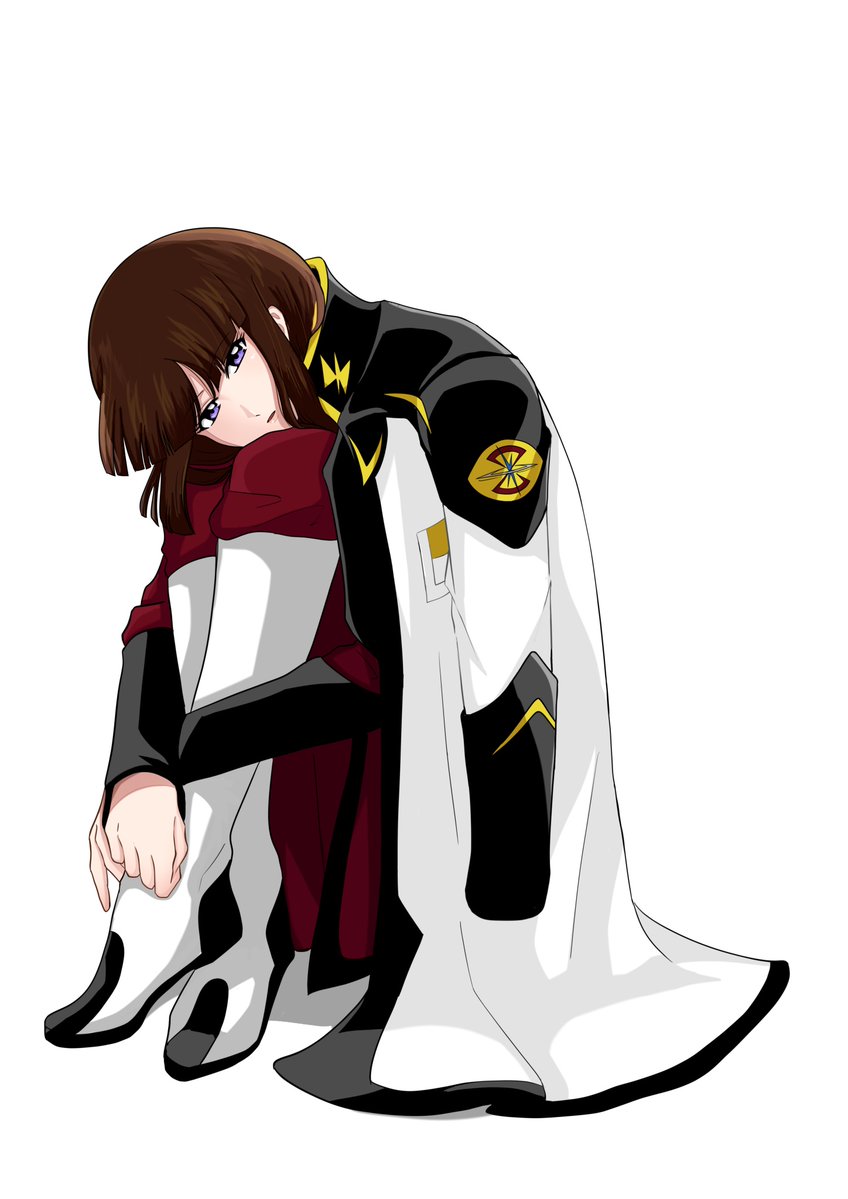 1girl, brown_hair, clothes_over_shoulder, fetal_position, gundam, gundam_seed, gundam_seed_freedom, hugging_own_legs