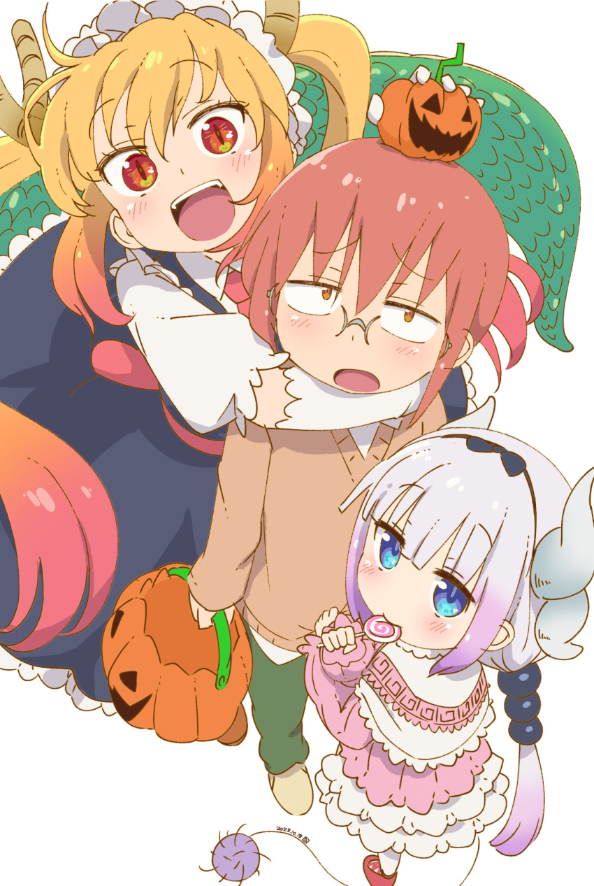 3girls, arm_around_neck, black_hair, black_hairband, blonde_hair, blue_dress, blue_eyes, blush, bow, brown_footwear, brown_shirt, bucket, candy, child, dragon_girl, dragon_horns, dragon_tail, dress, eating, elbow_gloves, food, from_above, glasses, gloves, gradient_hair, green_pants, hair_bow, hairband, halloween_bucket, highres, holding, holding_bucket, holding_candy, holding_food, holding_lollipop, horns, kanna_kamui, kobayashi-san_chi_no_maidragon, kobayashi_(maidragon), lollipop, long_hair, long_sleeves, looking_at_viewer, looking_up, maid_headdress, multicolored_hair, multiple_girls, neckerchief, open_mouth, orange_eyes, pants, pink_dress, puffy_sleeves, pump, purple_hair, red_footwear, red_neckerchief, redhead, shirt, shirt_grab, short_hair, standing, tabayan_jigokuhen, tail, teeth, tohru_(maidragon), upper_teeth_only, white_gloves, white_hair