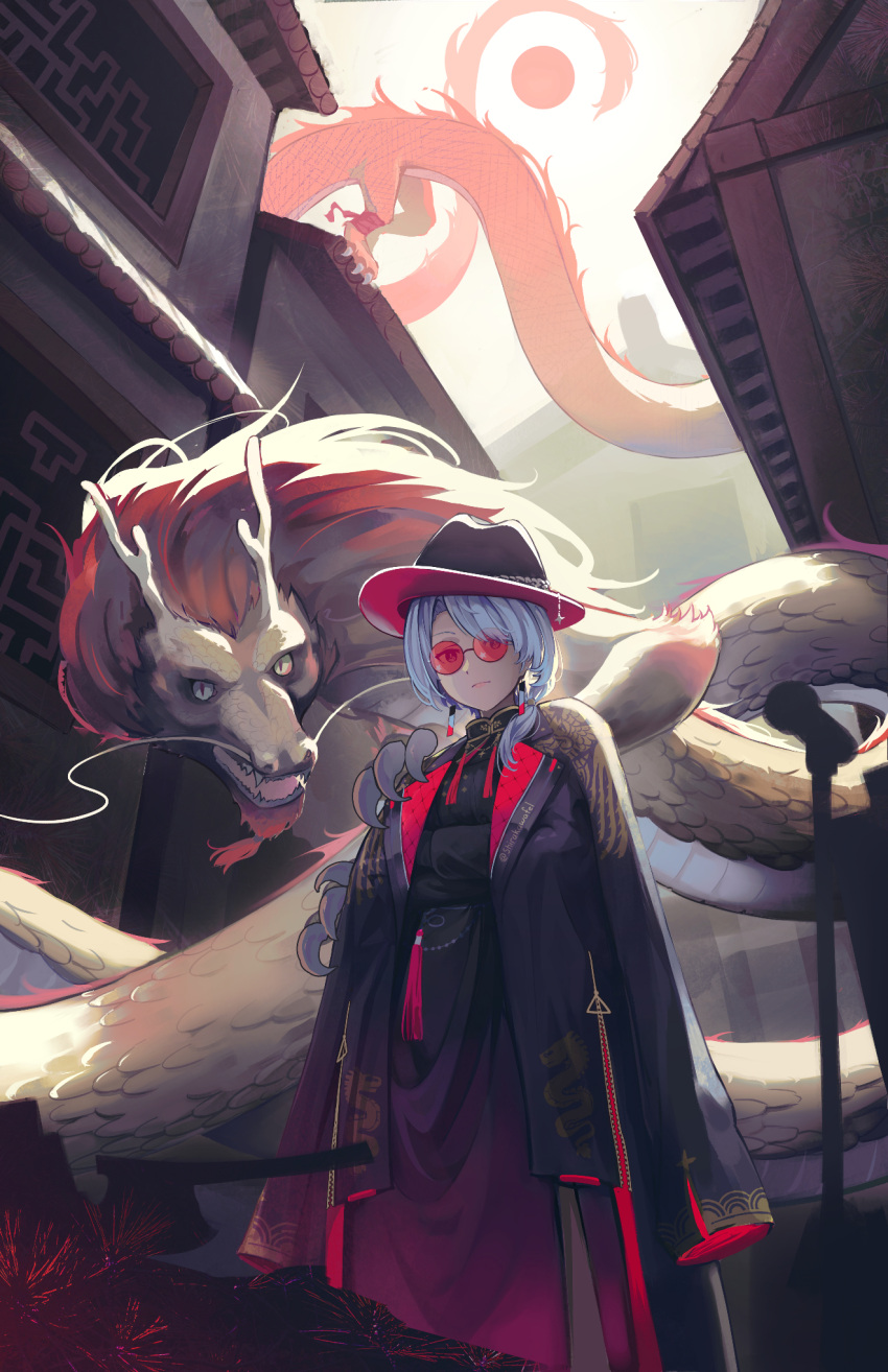 1girl, alternate_costume, black_coat, blue_hair, chinese_clothes, claws, closed_mouth, coat