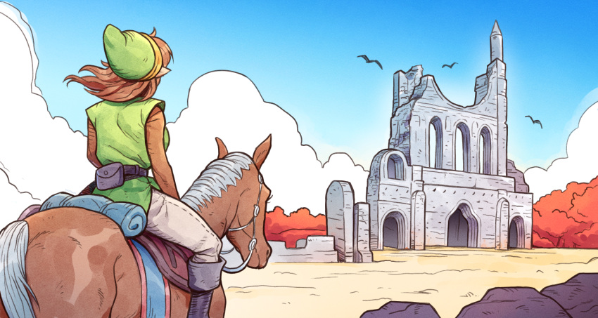 1girl, belt, belt_pouch, bird, boots, brellom, building, clouds