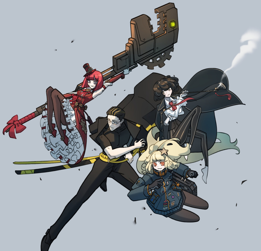 1boy, 3girls, :3, absurdres, arm_up, black_eyes, black_footwear, black_gloves