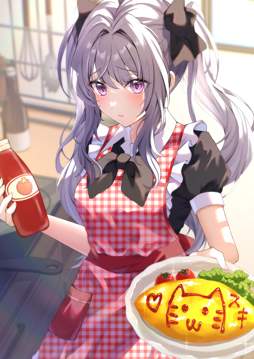 1girl, apron, black_bow, blush, bow, food, highres, ketchup