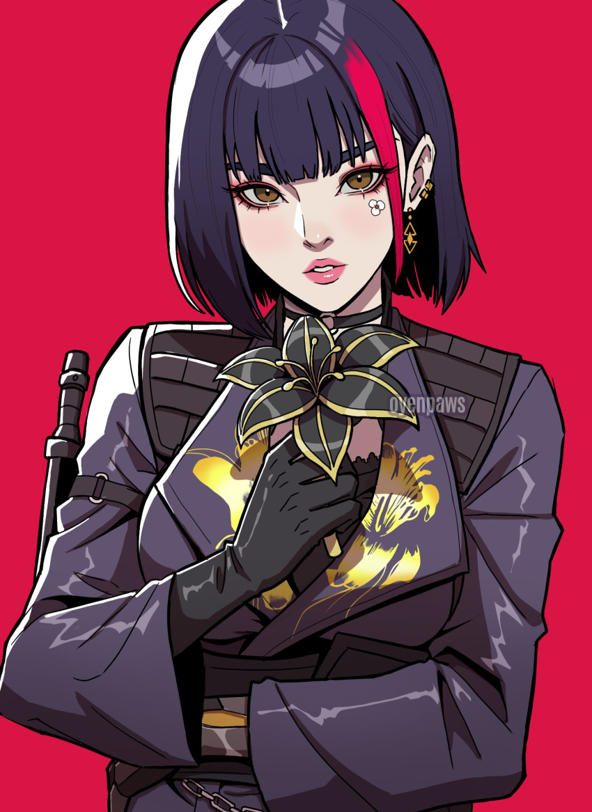 1girl, black_hair, brown_eyes, call_of_duty, call_of_duty:_mobile, earrings, flower, gloves, highres, holding, holding_flower, jewelry, multicolored_hair, multiple_earrings, oyenpaws, red_background, redhead, short_hair, tagme, two-tone_hair, yoshida_rin