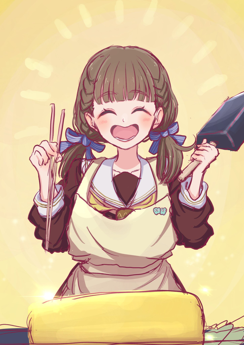 1girl, ^_^, apron, blue_ribbon, blunt_bangs, blush, brown_dress, brown_hair