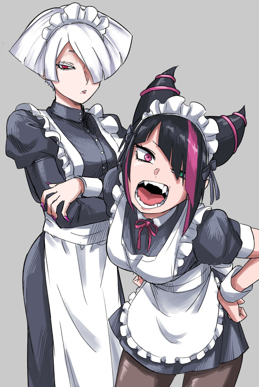 2girls, a.k.i._(street_fighter), apron, black_hair, blunt_bangs, crossed_arms, dress, fangs
