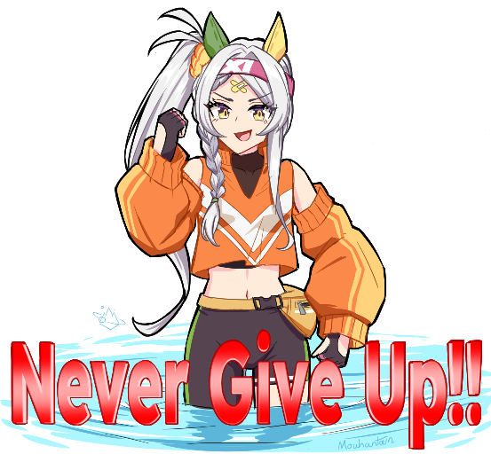 1girl, animal_ears, bandaid, bandaid_on_face, bandaid_on_forehead, breasts, clenched_hand, english_text, fingerless_gloves, gloves, grey_hair, headband, horse_ears, horse_girl, jacket, long_hair, looking_at_viewer, medium_breasts, meme, midriff, mouhantain, navel, never_give_up_(meme), open_mouth, pants, side_ponytail, solo, sonon_elfie_(umamusume), umamusume, water, white_background, yellow_eyes