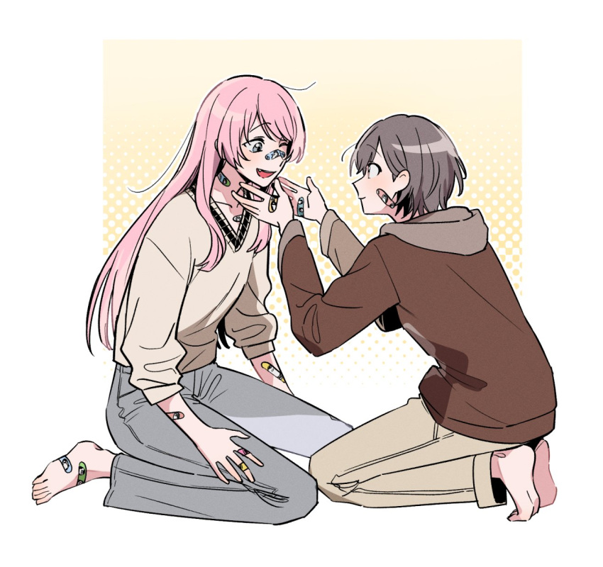 2girls, bak_pep, bandaid, bandaid_on_arm, bandaid_on_cheek, bandaid_on_face, bandaid_on_foot, bandaid_on_hand