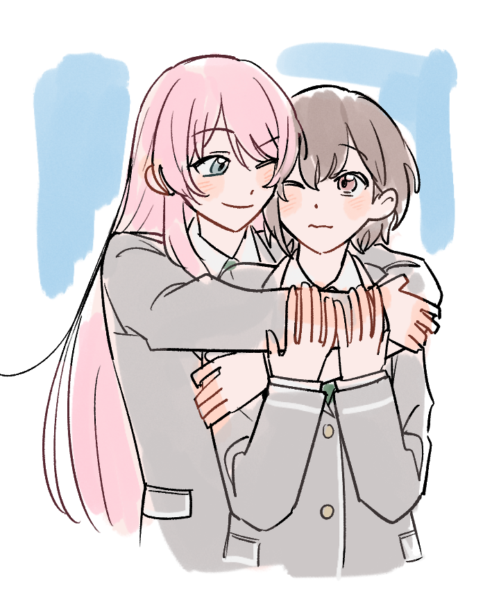 2girls, bak_pep, bang_dream!, bang_dream!_it's_mygo!!!!!, blush, brown_hair, chihaya_anon, closed_mouth, collared_shirt, commentary_request, grey_eyes, grey_jacket, hand_on_another's_arm, haneoka_school_uniform, heads_together, hug, hug_from_behind, jacket, korean_commentary, long_hair, long_sleeves, multiple_girls, one_eye_closed, pink_hair, red_eyes, school_uniform, shirt, short_hair, smile, takamatsu_tomori, upper_body, white_shirt, yuri