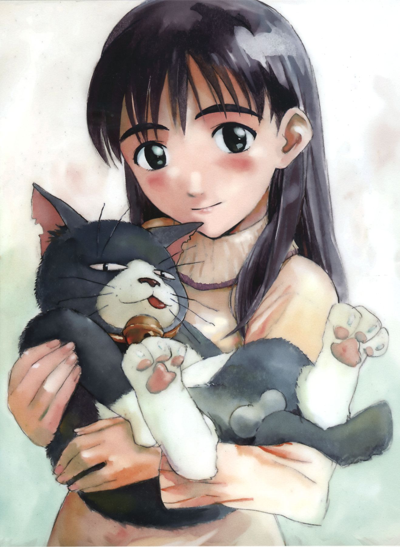 1girl, animal_ears, artist_request, bangs, bell, black_cat, black_eyes, black_hair, blush, cat, cat_ears, cat_tail, flcl, highres, long_hair, miyu_miyu, neck_bell, ninamori_eri, simple_background, source_request, sweater, tail, testicles, thick_eyebrows, tongue, turtleneck, turtleneck_sweater, white_background