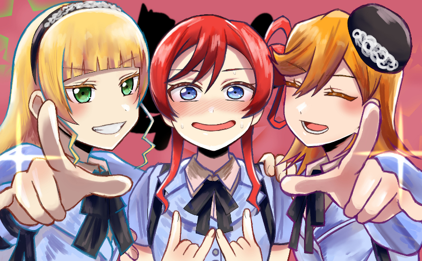 3girls, \m/, beret, black_hat, black_ribbon, blonde_hair, blue_eyes, blue_jacket