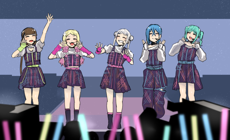 5girls, 5yncri5e!_(love_live!), arashi_chisato, arm_up, arm_warmers, black_socks, blonde_hair, blue_hair