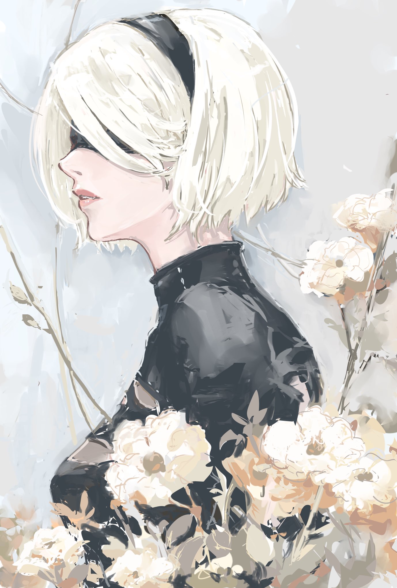 1girl, 2b_(nier:automata), android, black_blindfold, black_hairband, black_leotard, blindfold, covered_eyes