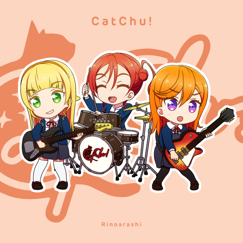 3girls, artist_name, black_pantyhose, blonde_hair, blue_jacket, blunt_bangs, brown_footwear, catchu!_(love_live!)
