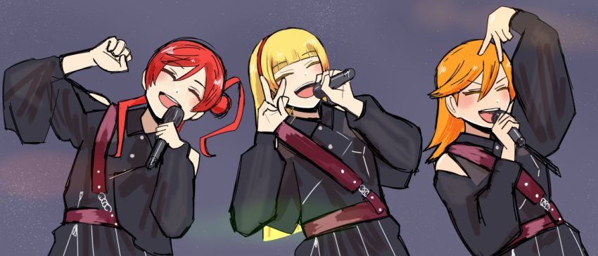 3girls, belt, black_jacket, blonde_hair, blunt_bangs, catchu!_(love_live!), clenched_hand, closed_eyes