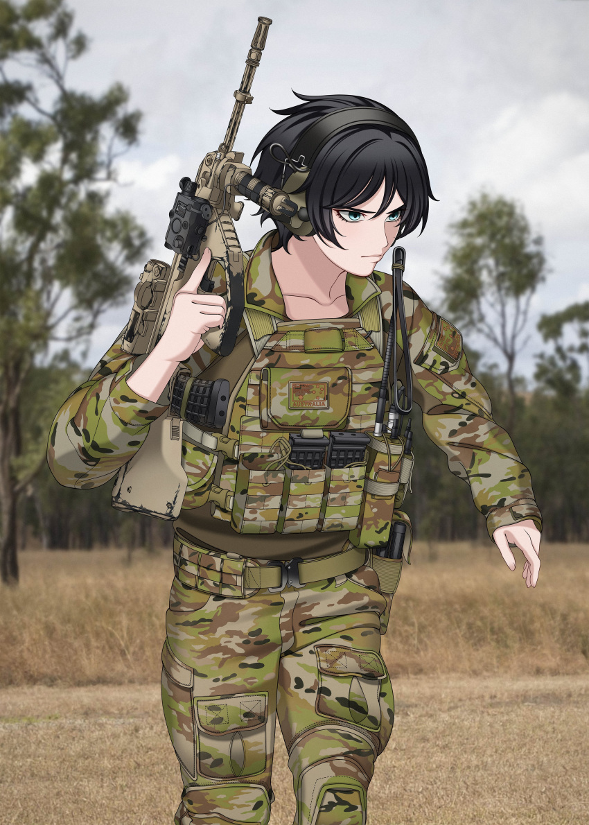 1girl, absurdres, ammunition_pouch, assault_rifle, australia, australian_army, australian_flag, avee_(silent_kookaburra), black_hair, blue_eyes, blurry, blurry_background, body_armor, bulletproof_vest, bullpup, camouflage, camouflage_jacket, camouflage_pants, closed_mouth, collarbone, commentary, commission, foregrip, gun, hair_between_eyes, handgun, headphones, headset, highres, holding, holding_gun, holding_weapon, holster, holstered, jacket, keiita, knee_pads, laser_sight, load_bearing_vest, long_sleeves, magazine_(weapon), military, optical_sight, original, outdoors, pants, pouch, radio, radio_antenna, rifle, scope, short_hair, soldier, solo, standing, steyr_aug, tactical_clothes, trigger_discipline, upper_body, vertical_foregrip, weapon, woodland_camouflage