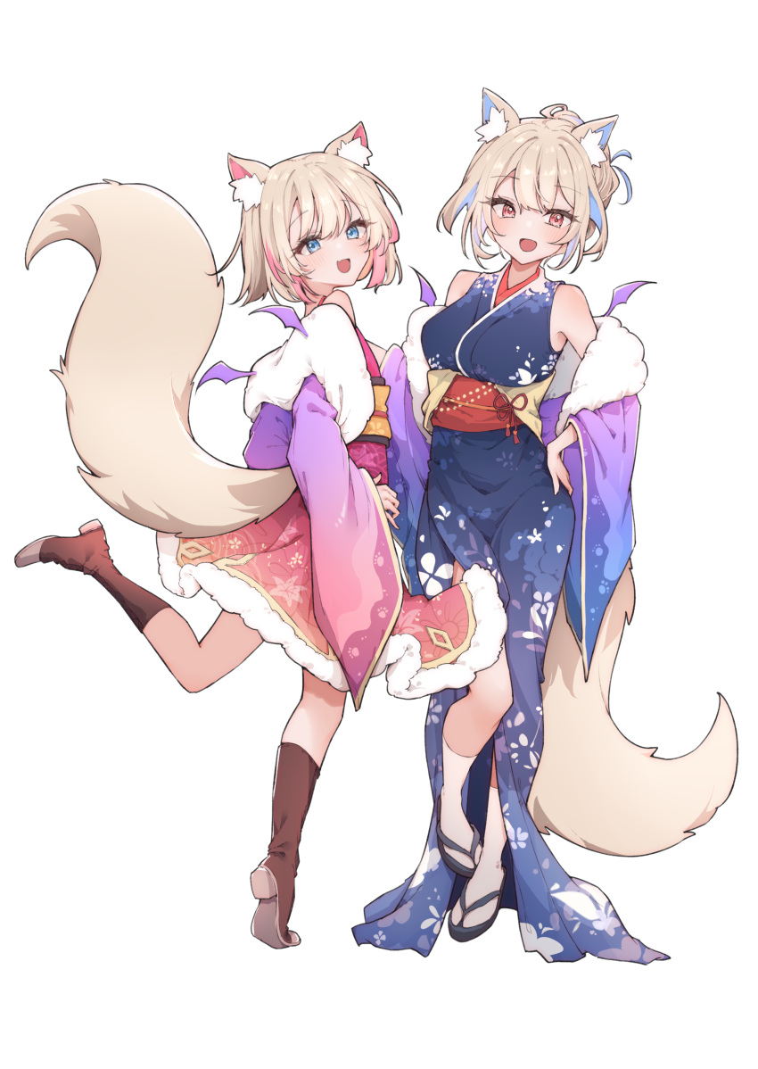 2girls, :d, absurdres, airenif, alternate_costume, animal_ear_fluff, animal_ears, blonde_hair