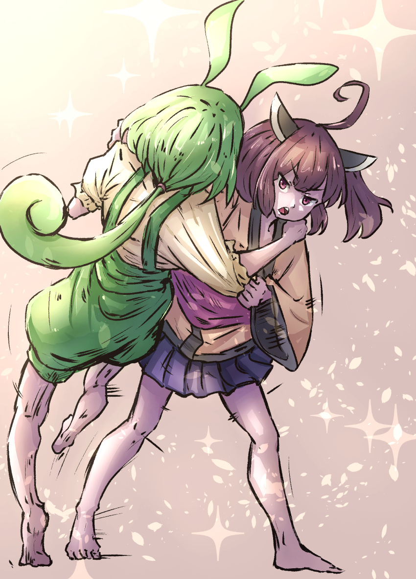 2girls, ahoge, barefoot, blunt_bangs, brown_hair, edamame, fighting, green_hair, green_overalls, green_shorts, green_suspenders, headgear, highres, japanese_clothes, kimono, long_hair, long_sleeves, low_ponytail, mamesan0031, multiple_girls, open_mouth, pea_pod, pleated_skirt, puffy_shorts, red_eyes, short_hair, shorts, skirt, sparkle_background, touhoku_kiritan, twintails, voiceroid, voicevox, white_kimono, wide_sleeves, zundamon