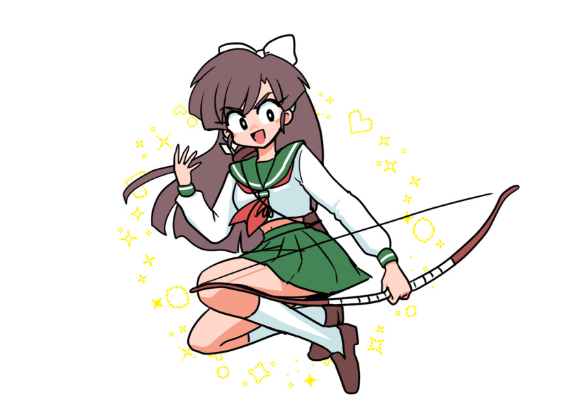 1girl, :d, bow, bow_(weapon), breasts, brown_footwear, brown_hair, chest_bow