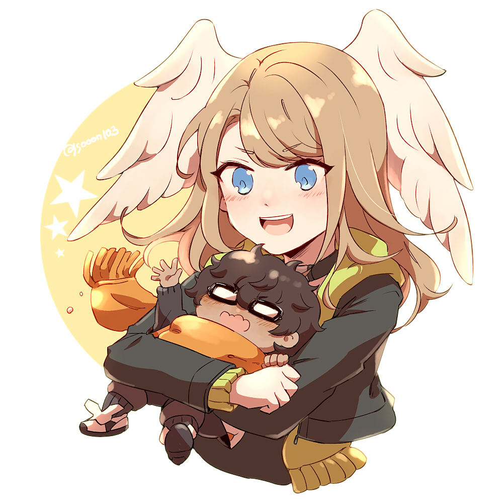 1boy, 1girl, black-framed_eyewear, black_hair, black_jacket, blue_eyes, blush, brown_hair, carrying, carrying_person, commentary, cropped_torso, dark-skinned_male, dark_skin, eunie_(xenoblade), feathered_wings, glasses, head_wings, hug, hug_from_behind, jacket, long_hair, long_sleeves, mini_person, miniboy, open_clothes, open_jacket, open_mouth, orange_scarf, scarf, short_hair, simple_background, size_difference, smile, star_(symbol), swept_bangs, symbol-only_commentary, taion_(xenoblade), teeth, tomi_(sooon103), twitter_username, upper_teeth_only, wavy_hair, white_wings, wings, xenoblade_chronicles_(series), xenoblade_chronicles_3