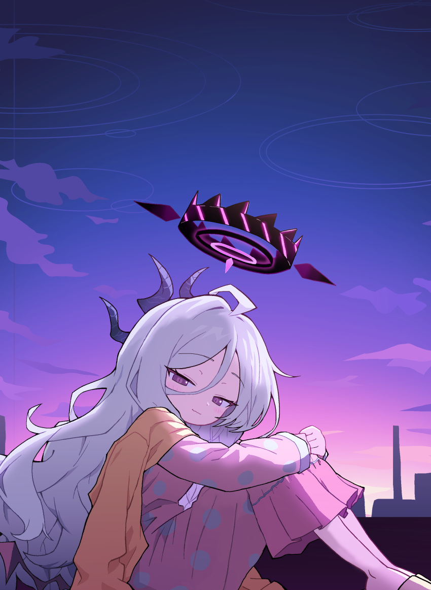 1girl, absurdres, ahoge, black_horns, blue_archive, blush, closed_mouth, cocokana