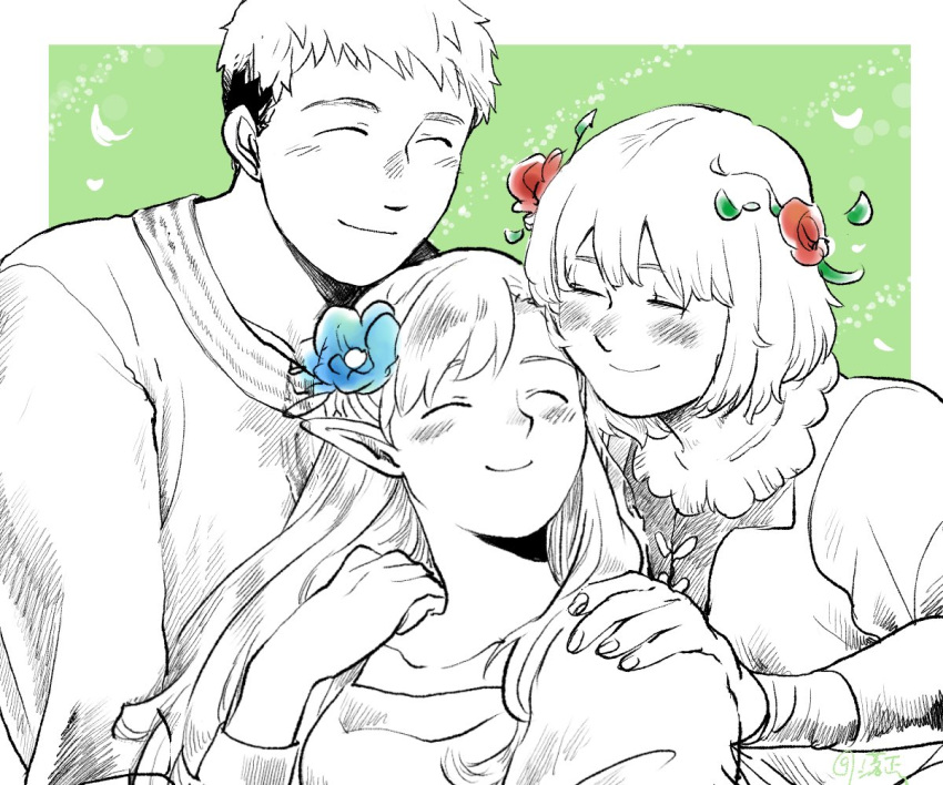 1boy, 2girls, ^_^, blue_flower, blunt_bangs, border, boy_and_girl_sandwich, closed_eyes